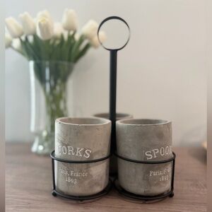 Pier 1 Imports RARE Gray Cement Utensil Caddy Holder Set
